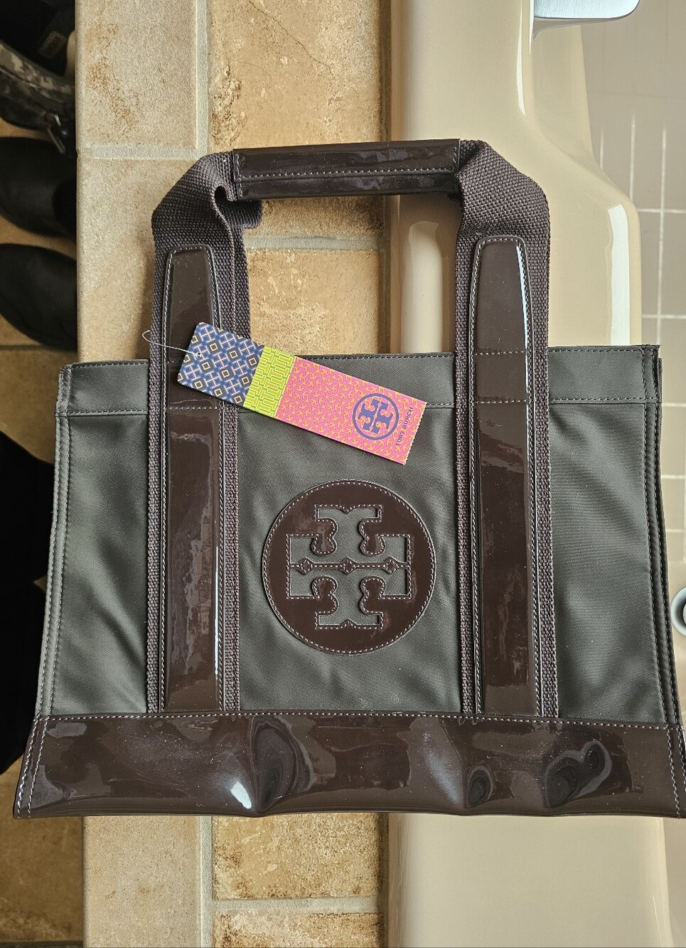 NWT Tory Burch Nylon/Patent Leather Brown Tote